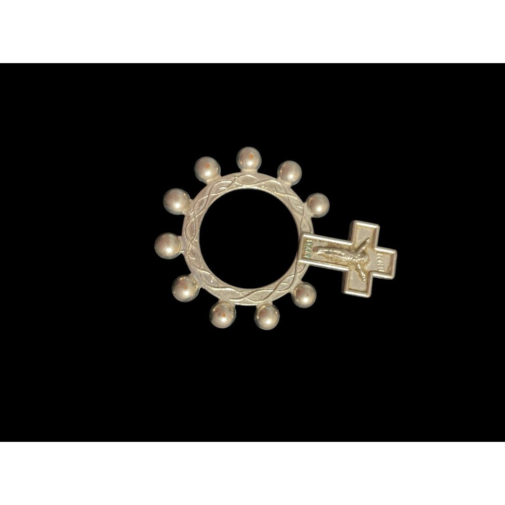 Vintage Silvertone Open Circle w/Ball Beads & Small Cross Crucifix at Top